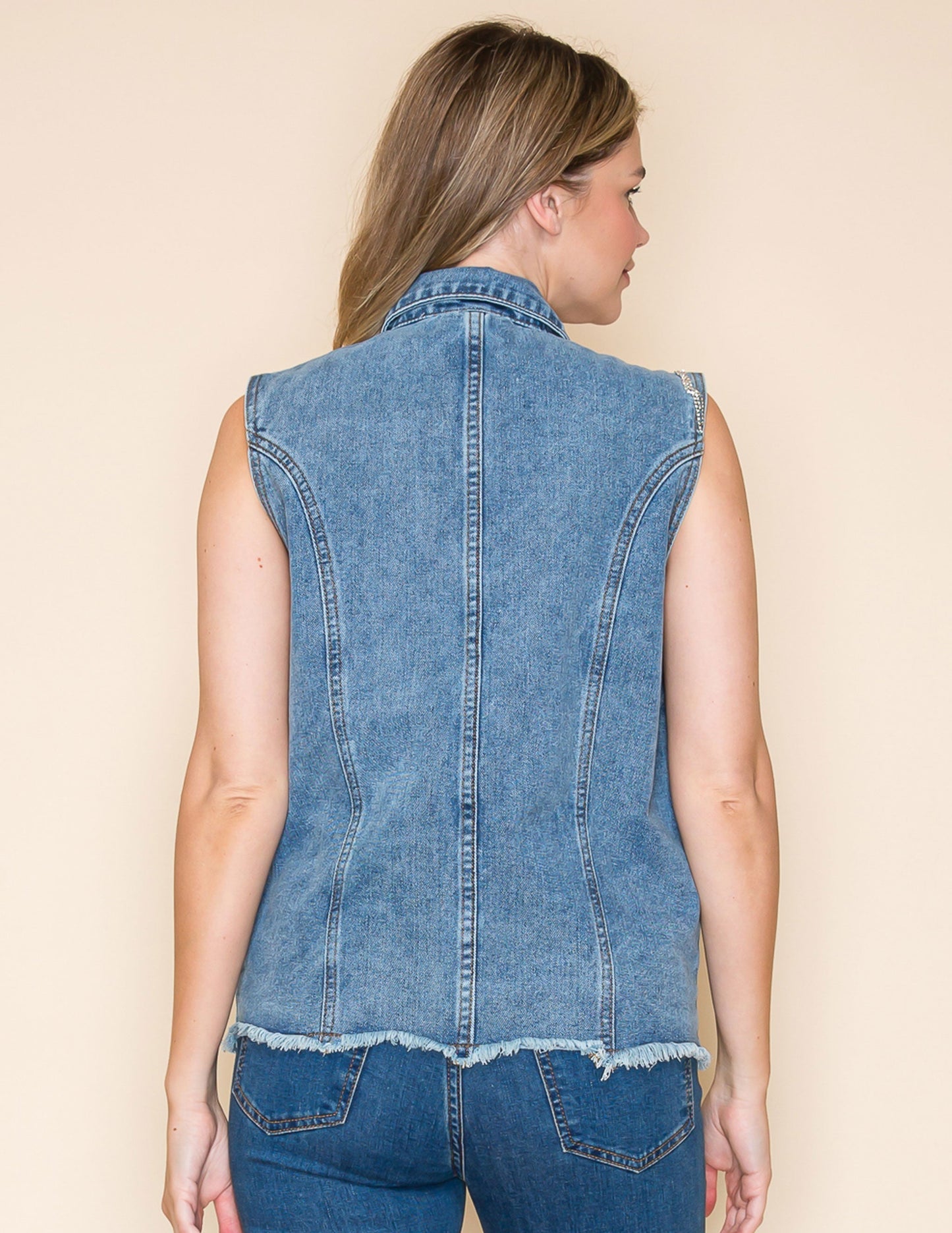 Denim Fringe Vest - OUTERWEAR