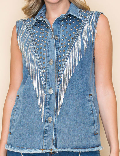 Denim Fringe Vest - OUTERWEAR