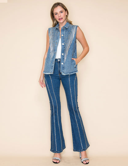 Denim Fringe Vest - OUTERWEAR