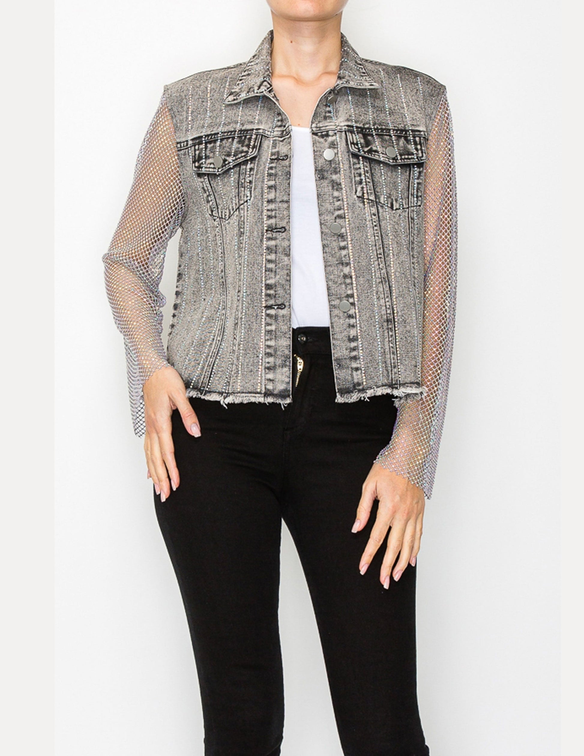 Denim Jacket with Mesh Stone Sleeves - JACKETS