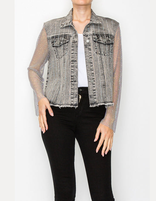 Denim Jacket with Mesh Stone Sleeves - JACKETS