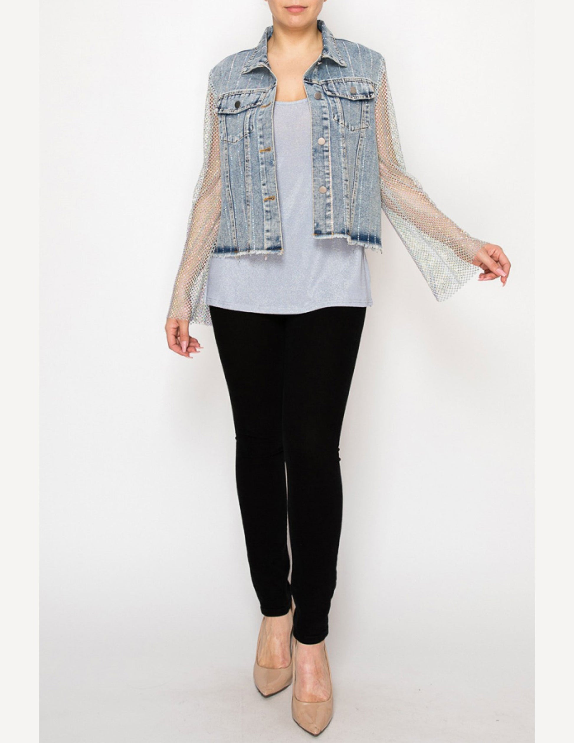 Denim Jacket with Mesh Stone Sleeves - JACKETS