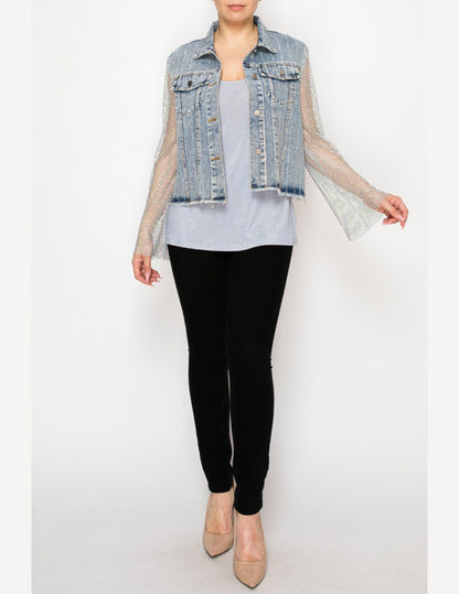 Denim Jacket with Mesh Stone Sleeves - JACKETS
