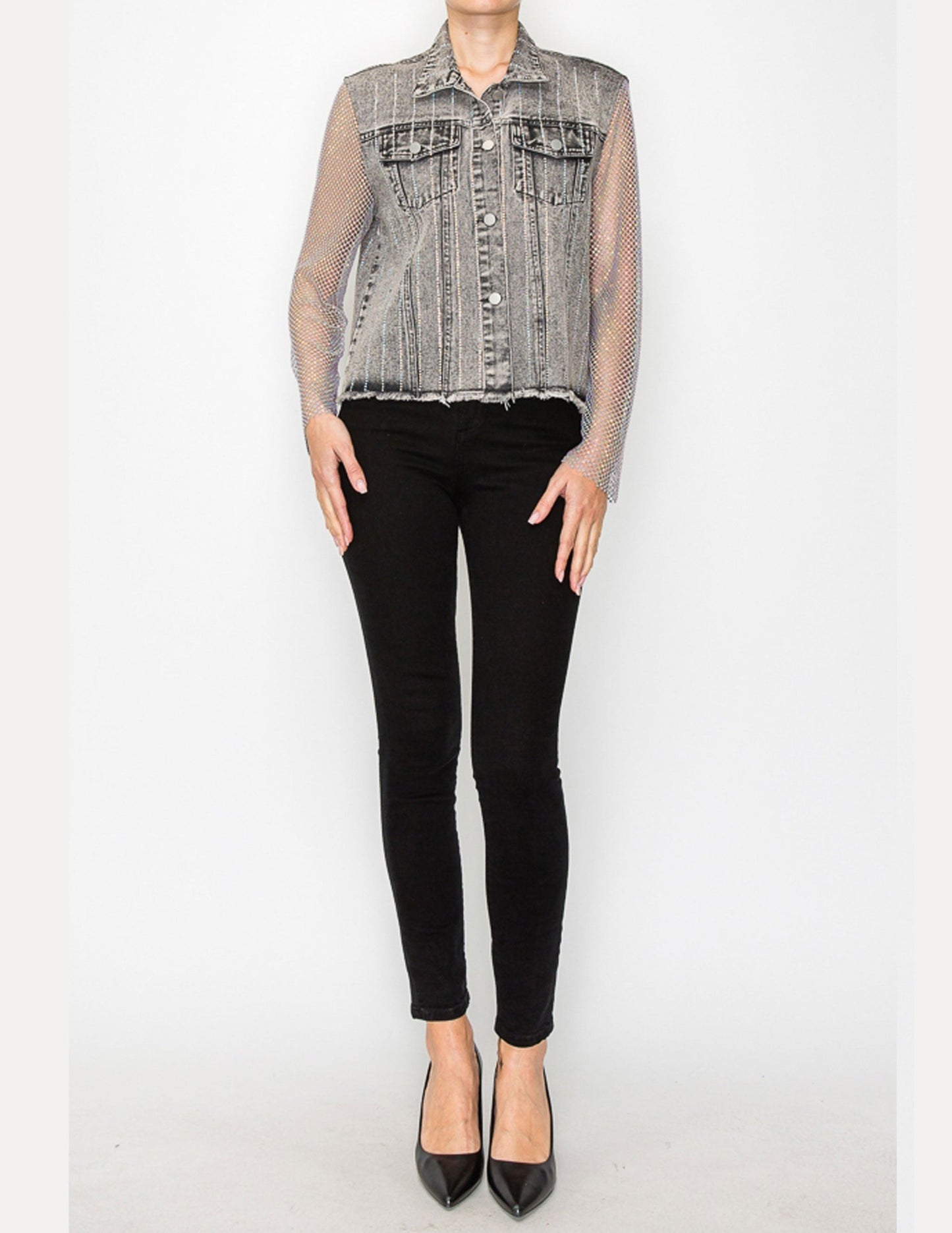 Denim Jacket with Mesh Stone Sleeves - JACKETS