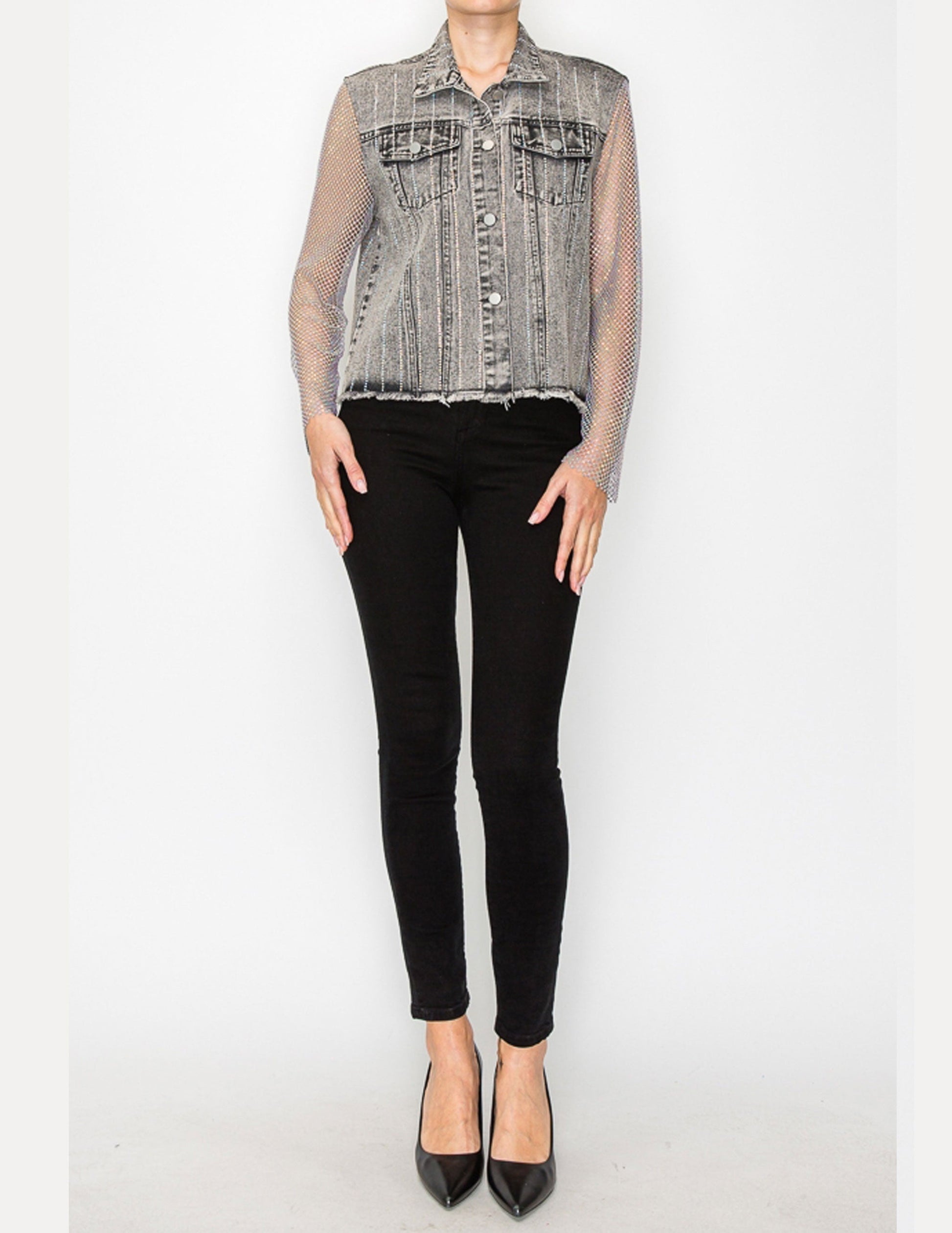 Denim Jacket with Mesh Stone Sleeves - JACKETS