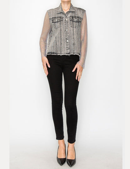Denim Jacket with Mesh Stone Sleeves - JACKETS