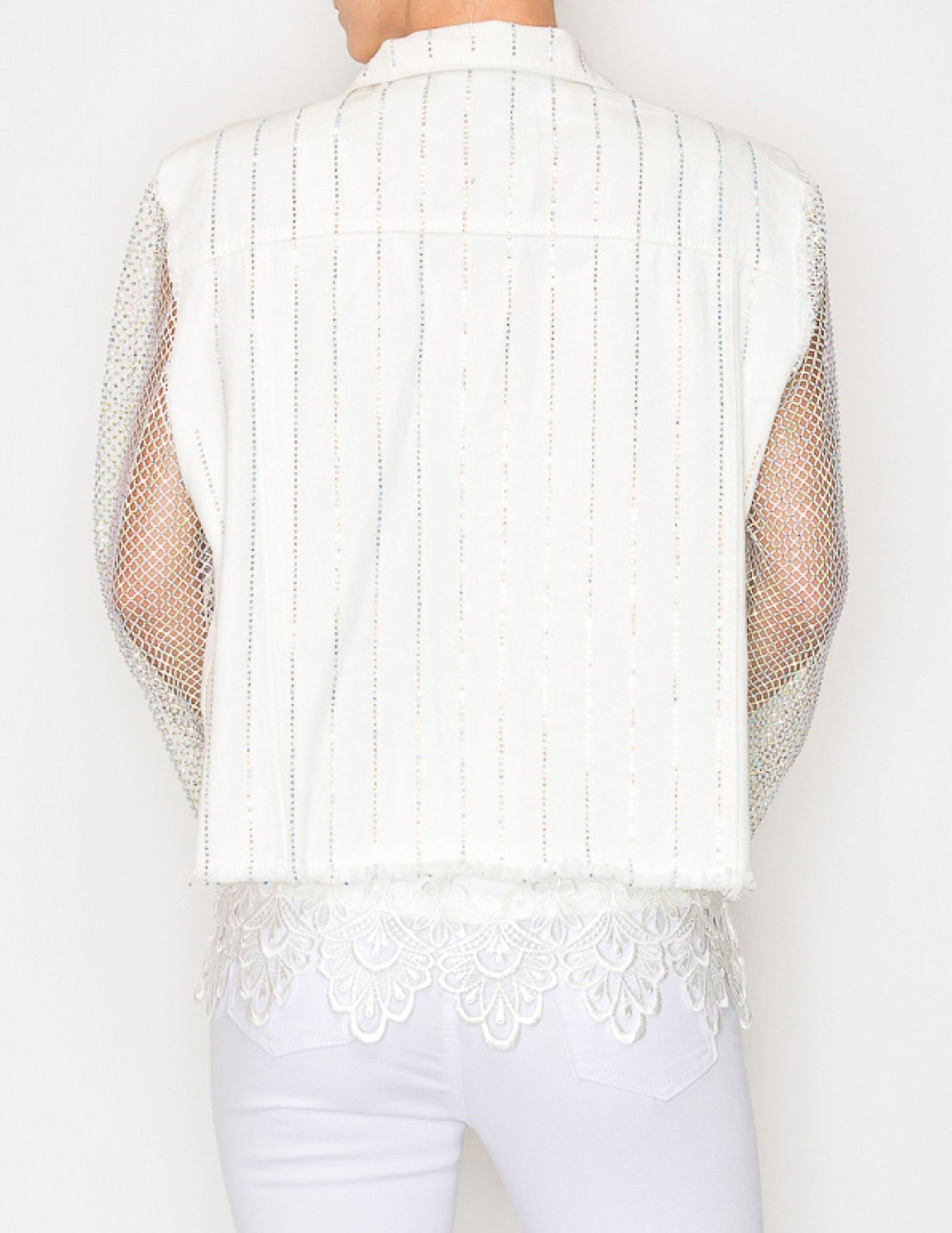 Denim Jacket with Mesh Stone Sleeves - JACKETS