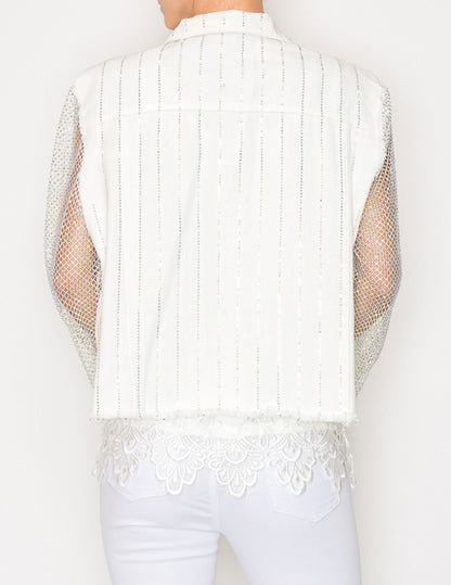 Denim Jacket with Mesh Stone Sleeves - JACKETS