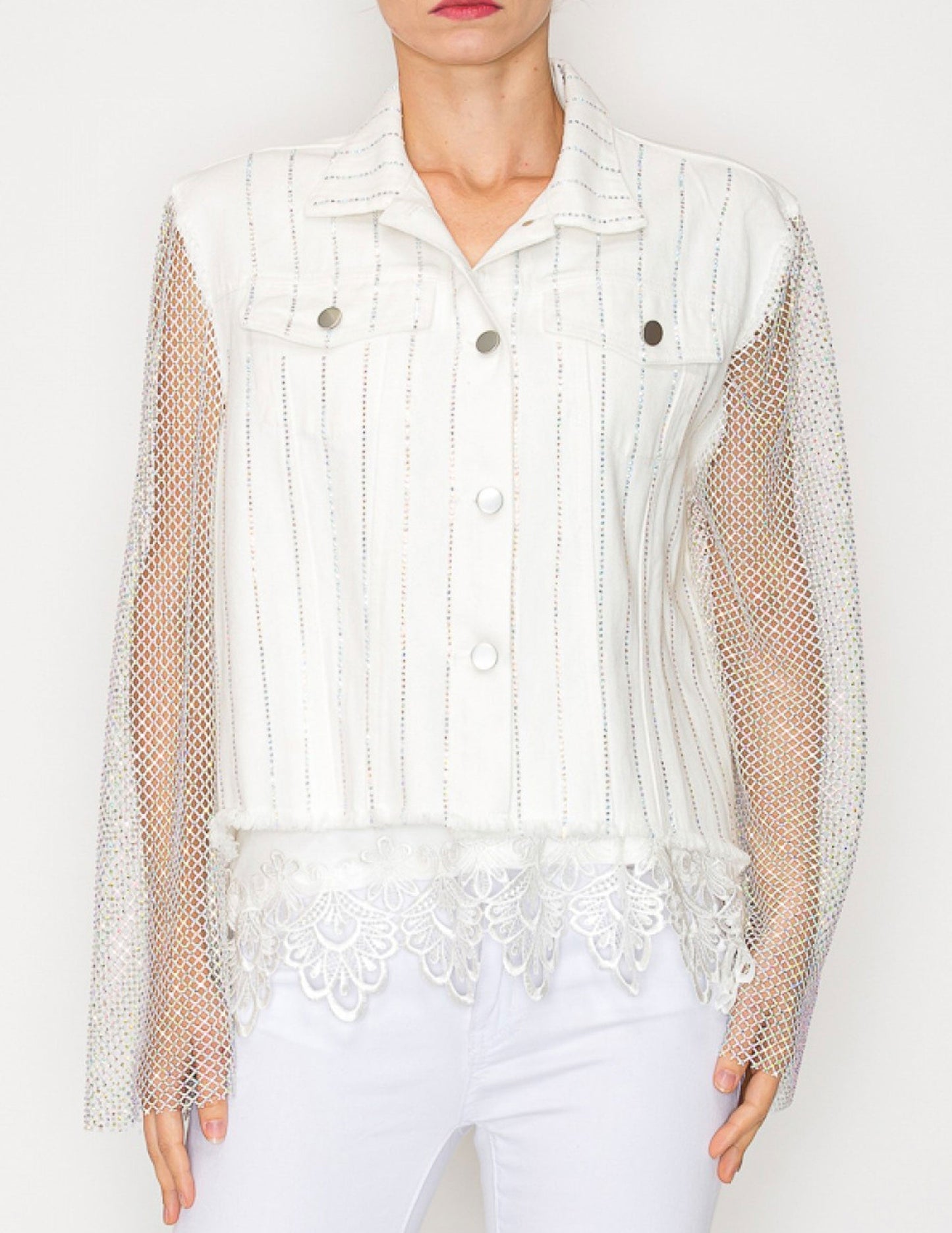 Denim Jacket with Mesh Stone Sleeves - JACKETS