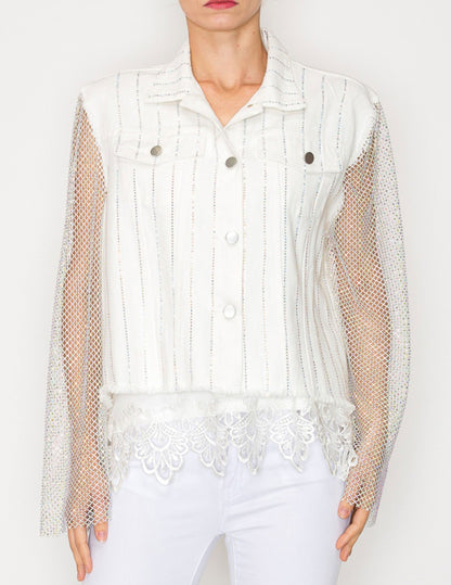 Denim Jacket with Mesh Stone Sleeves - JACKETS
