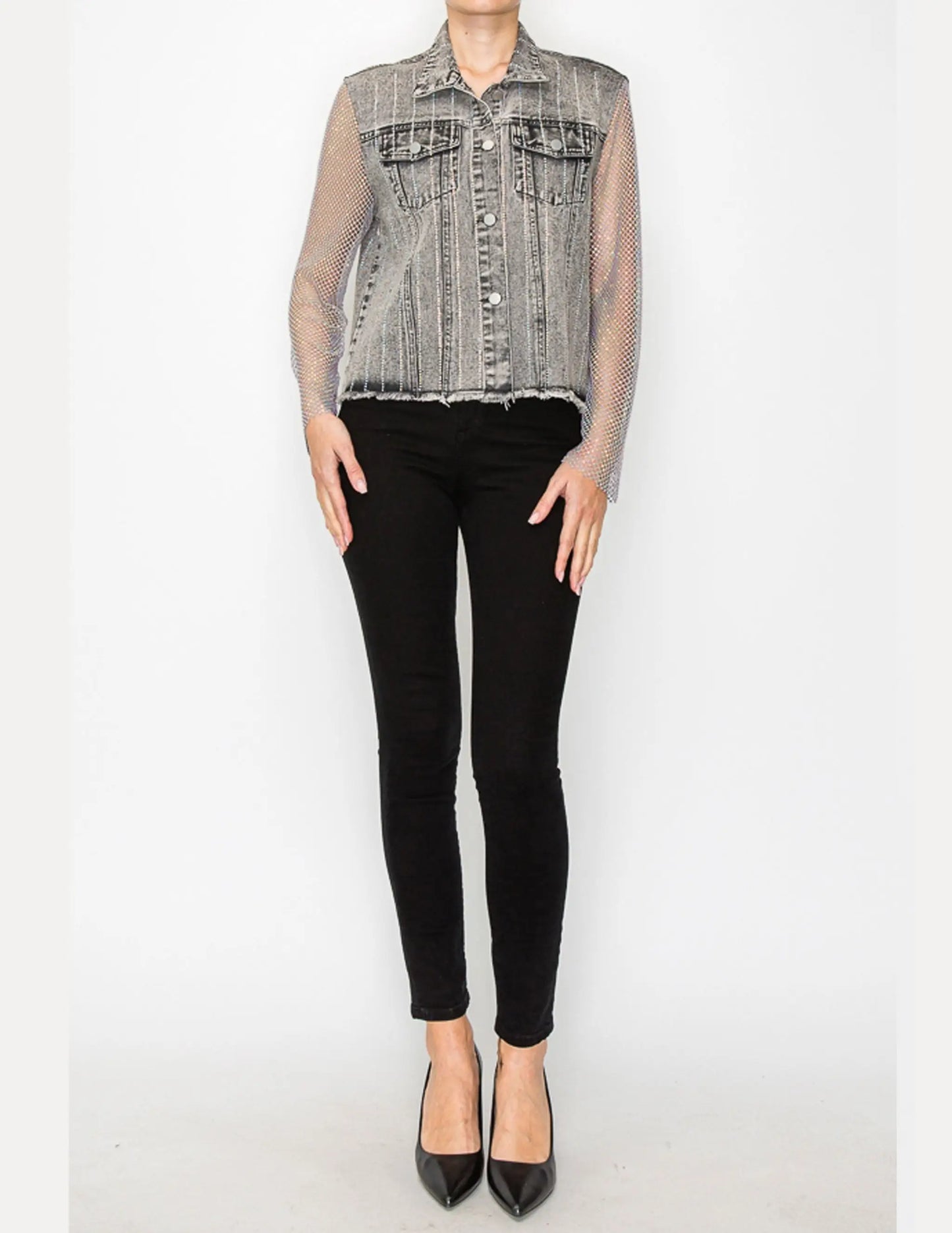 Denim Jacket with Mesh Stone Sleeves - JACKETS