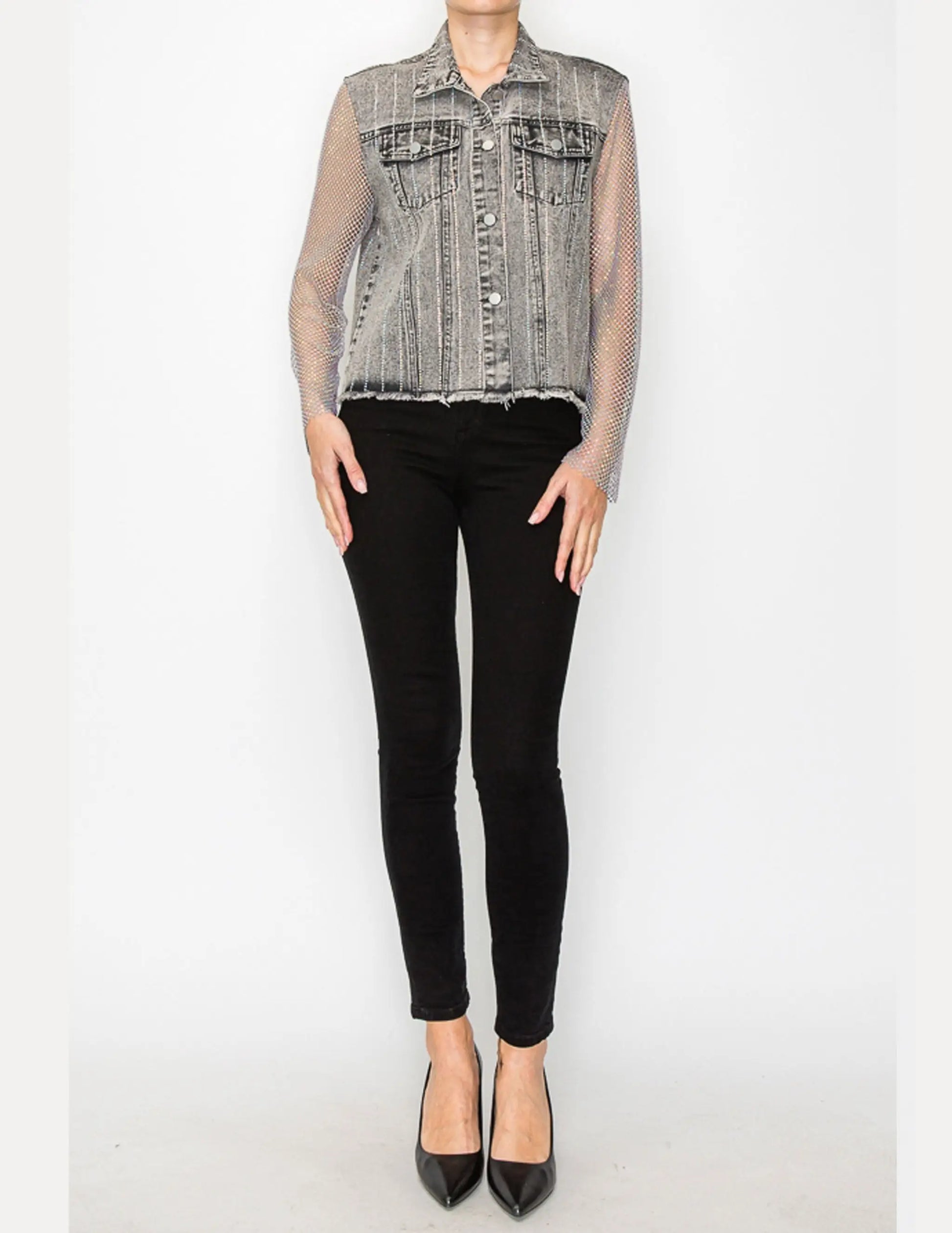 Denim Jacket with Mesh Stone Sleeves - JACKETS