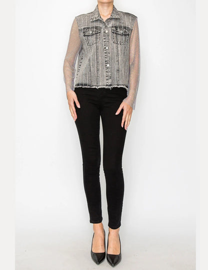 Denim Jacket with Mesh Stone Sleeves - JACKETS