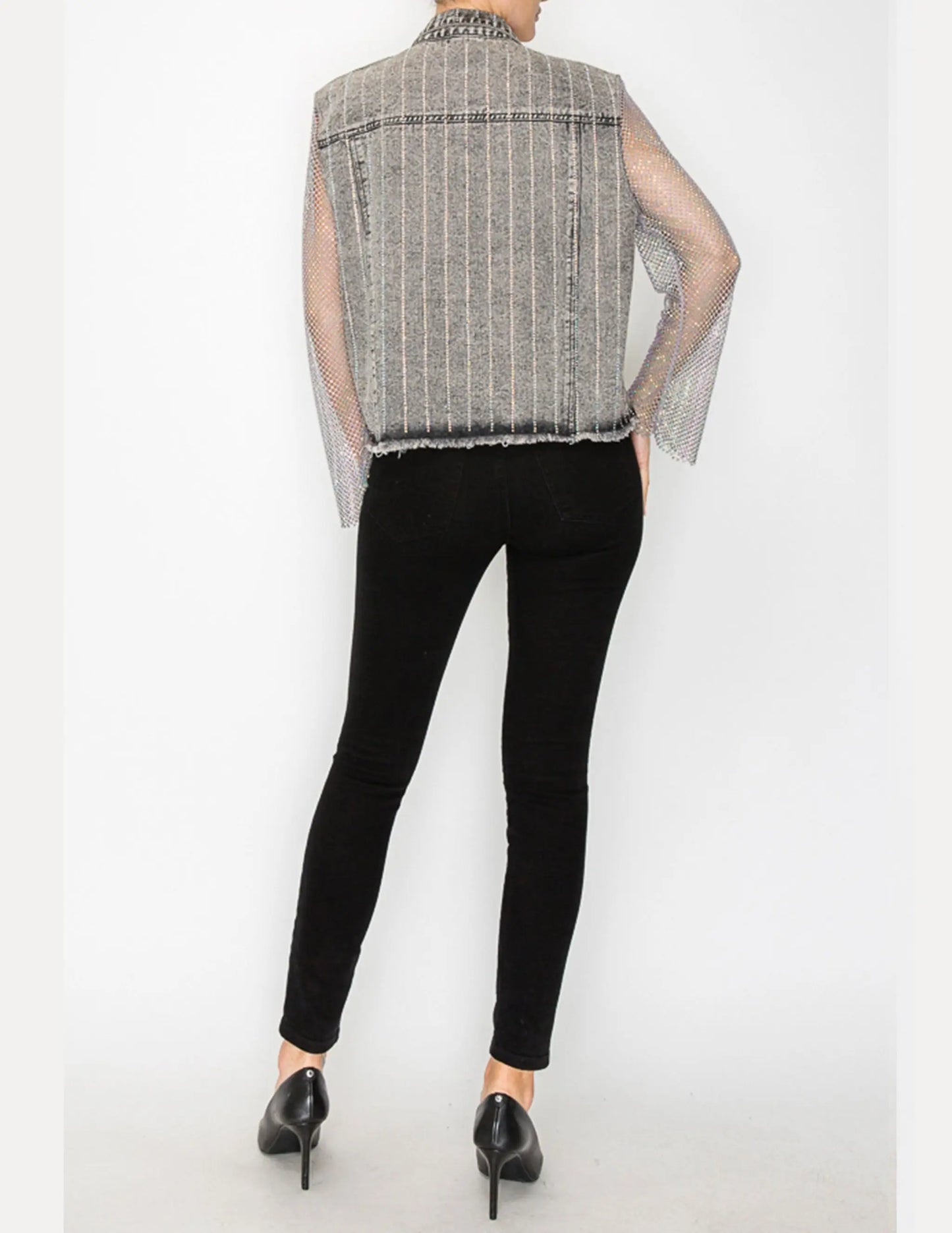 Denim Jacket with Mesh Stone Sleeves - JACKETS