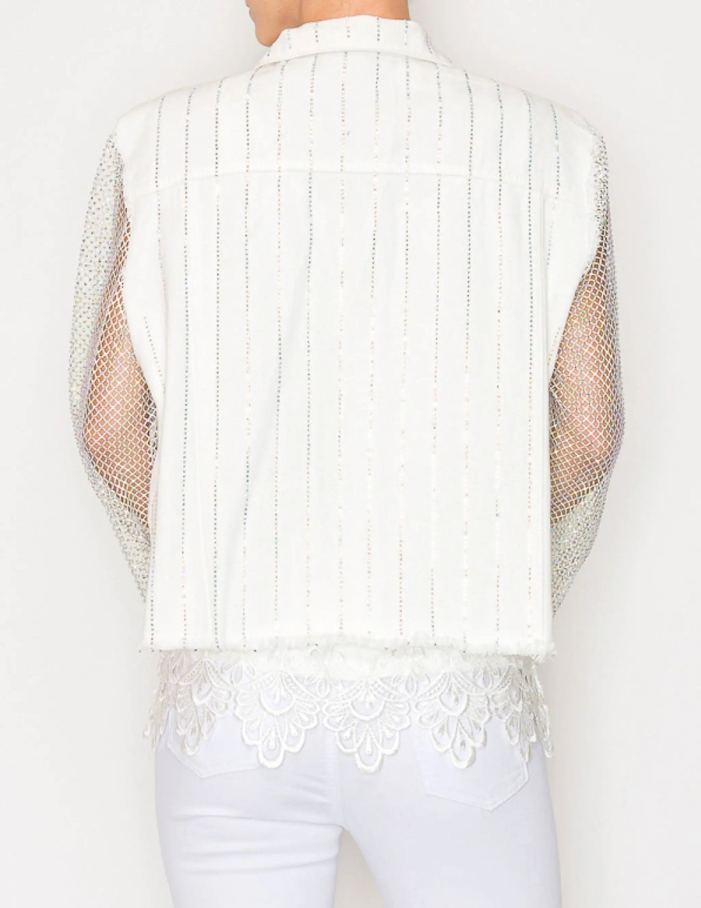 Denim Jacket with Mesh Stone Sleeves - JACKETS