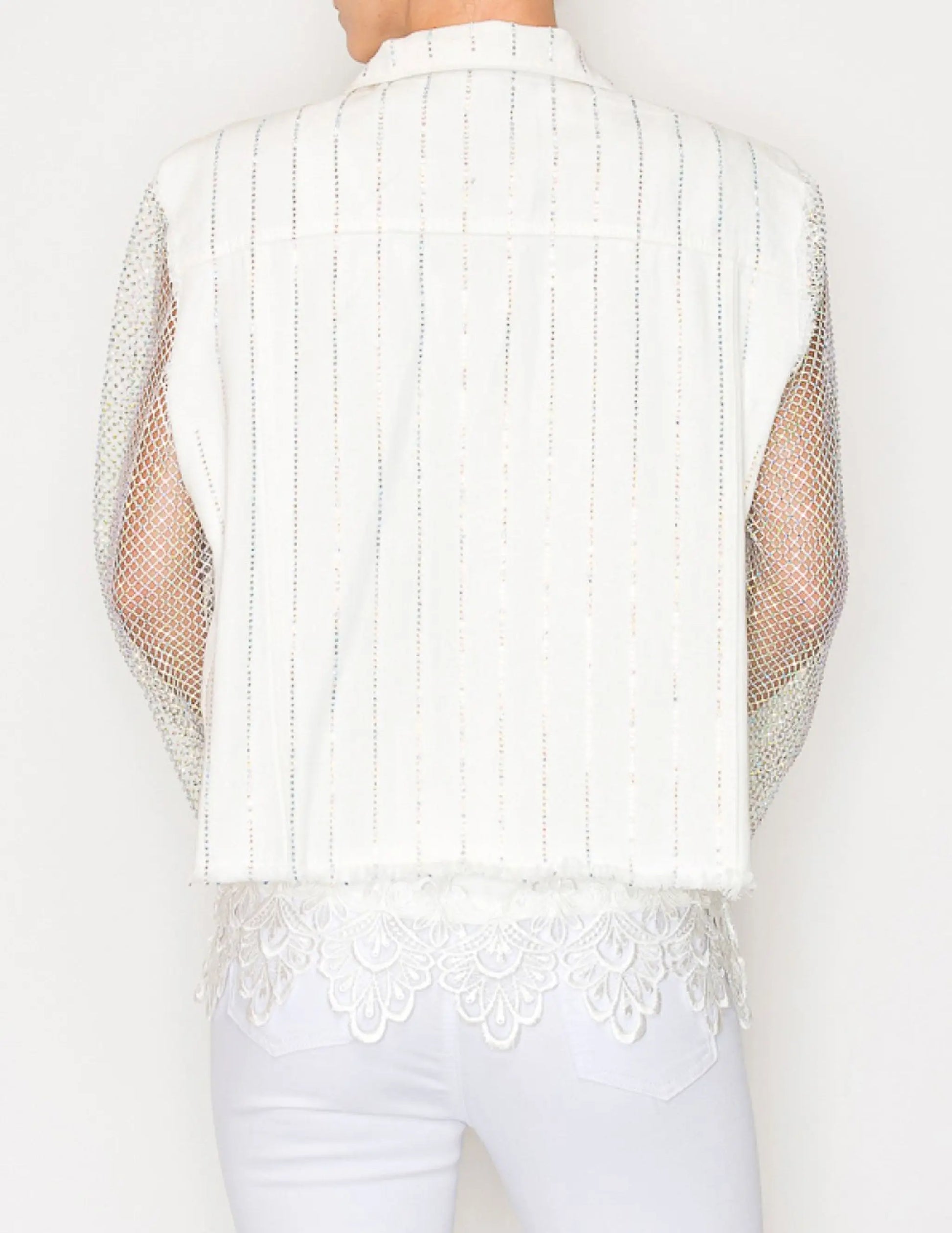 Denim Jacket with Mesh Stone Sleeves - JACKETS