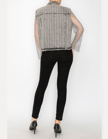 Denim Jacket with Mesh Stone Sleeves - JACKETS