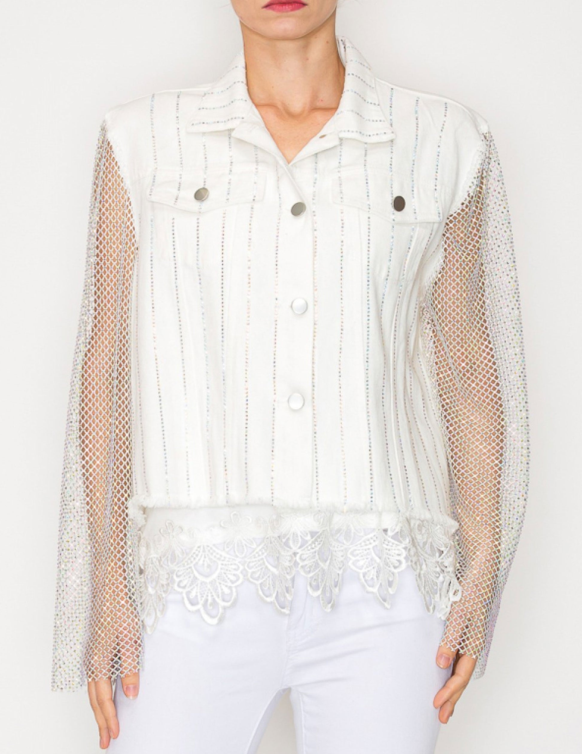 Denim Jacket with Mesh Stone Sleeves - JACKETS