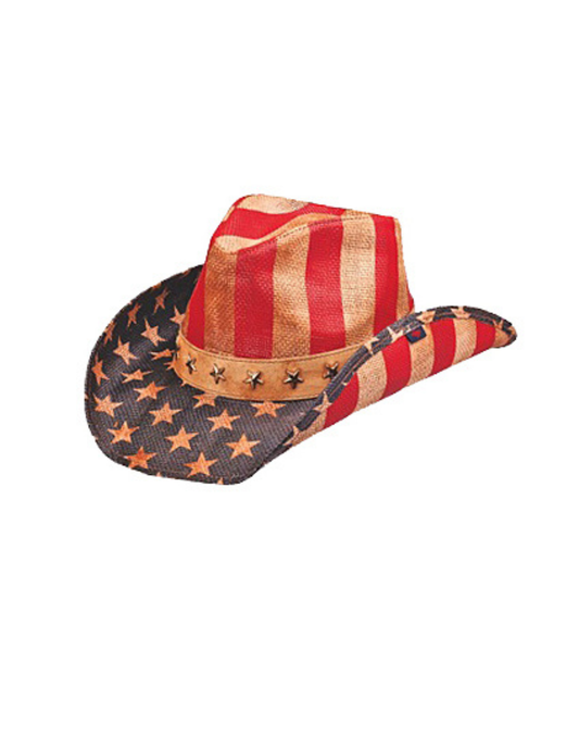 Distressed American Flag Straw Cowboy Hat - COWBOY