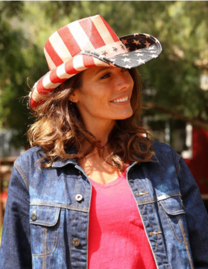 Distressed American Flag Straw Cowboy Hat - COWBOY