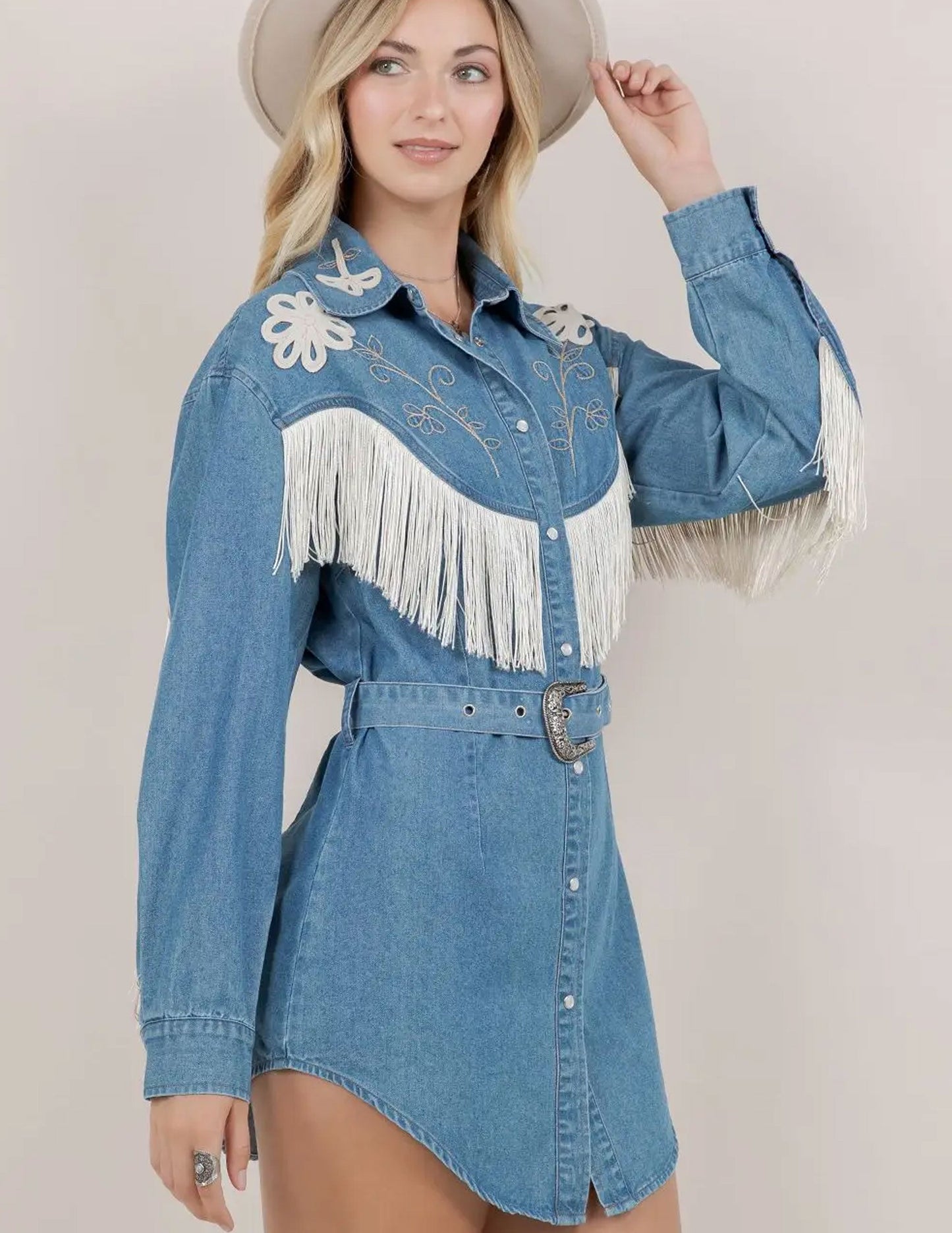 Embroidered Fringe Denim Dress - DRESSES Item Subclass