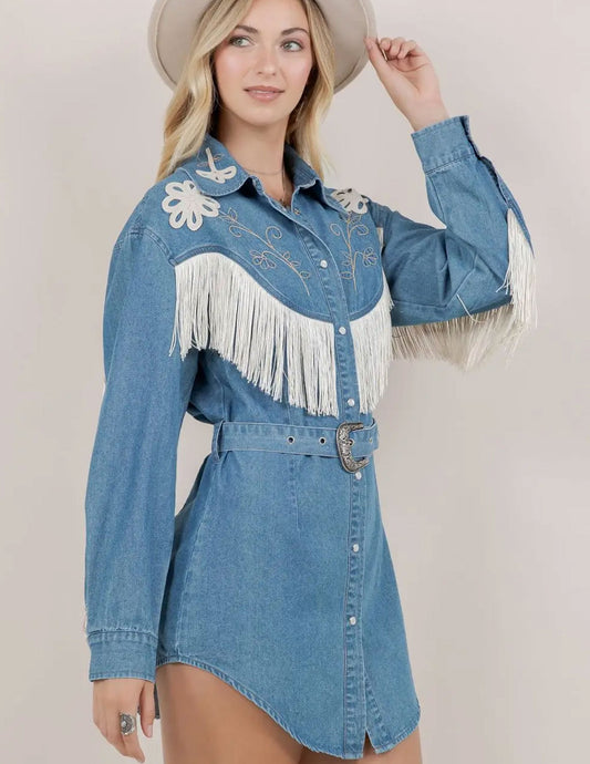 Embroidered Fringe Denim Dress - DRESSES Item Subclass