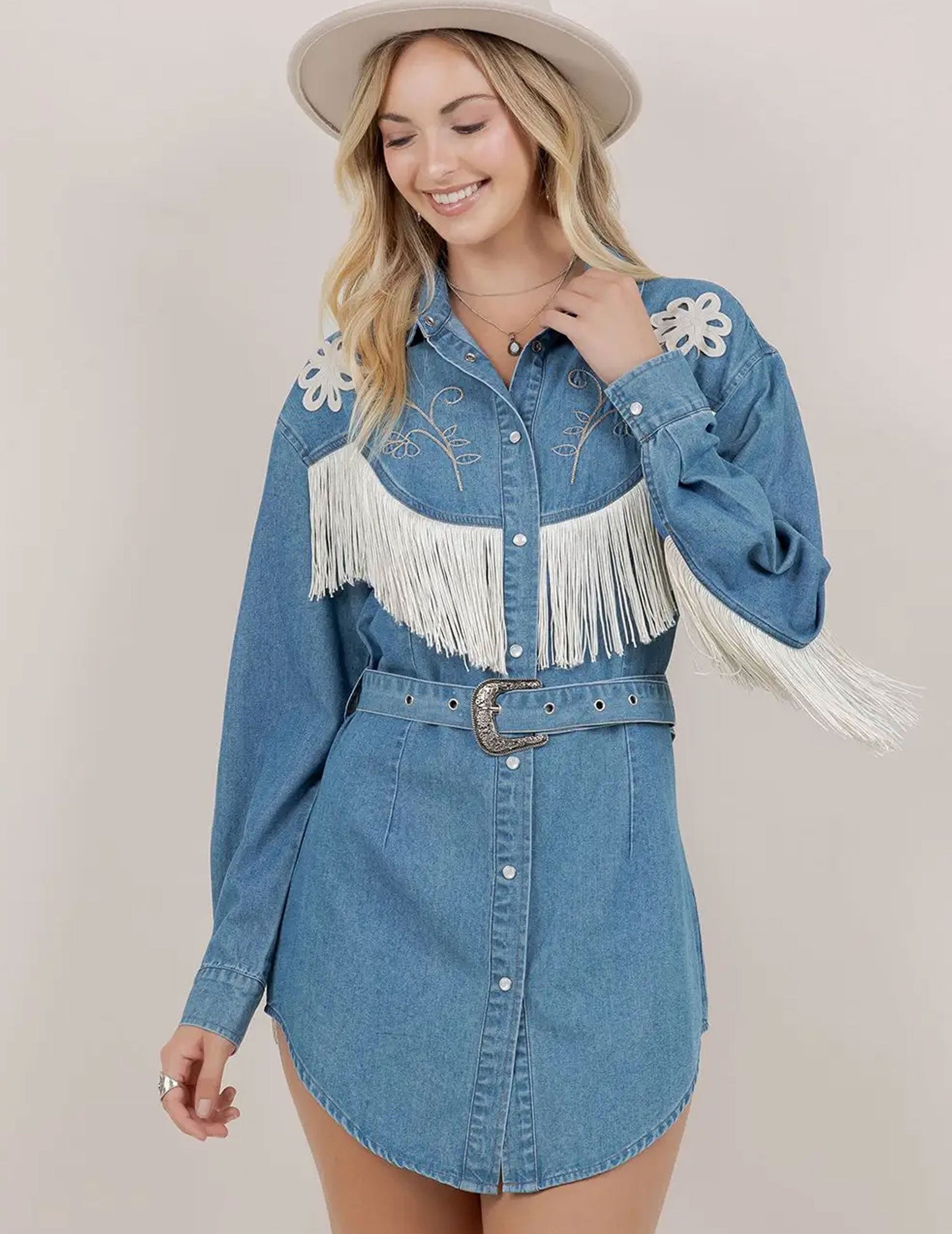 Embroidered Fringe Denim Dress - DRESSES Item Subclass