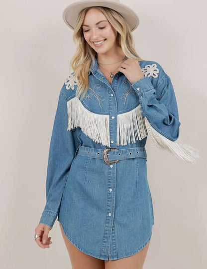 Embroidered Fringe Denim Dress - DRESSES Item Subclass