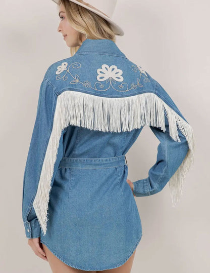Embroidered Fringe Denim Dress - DRESSES Item Subclass