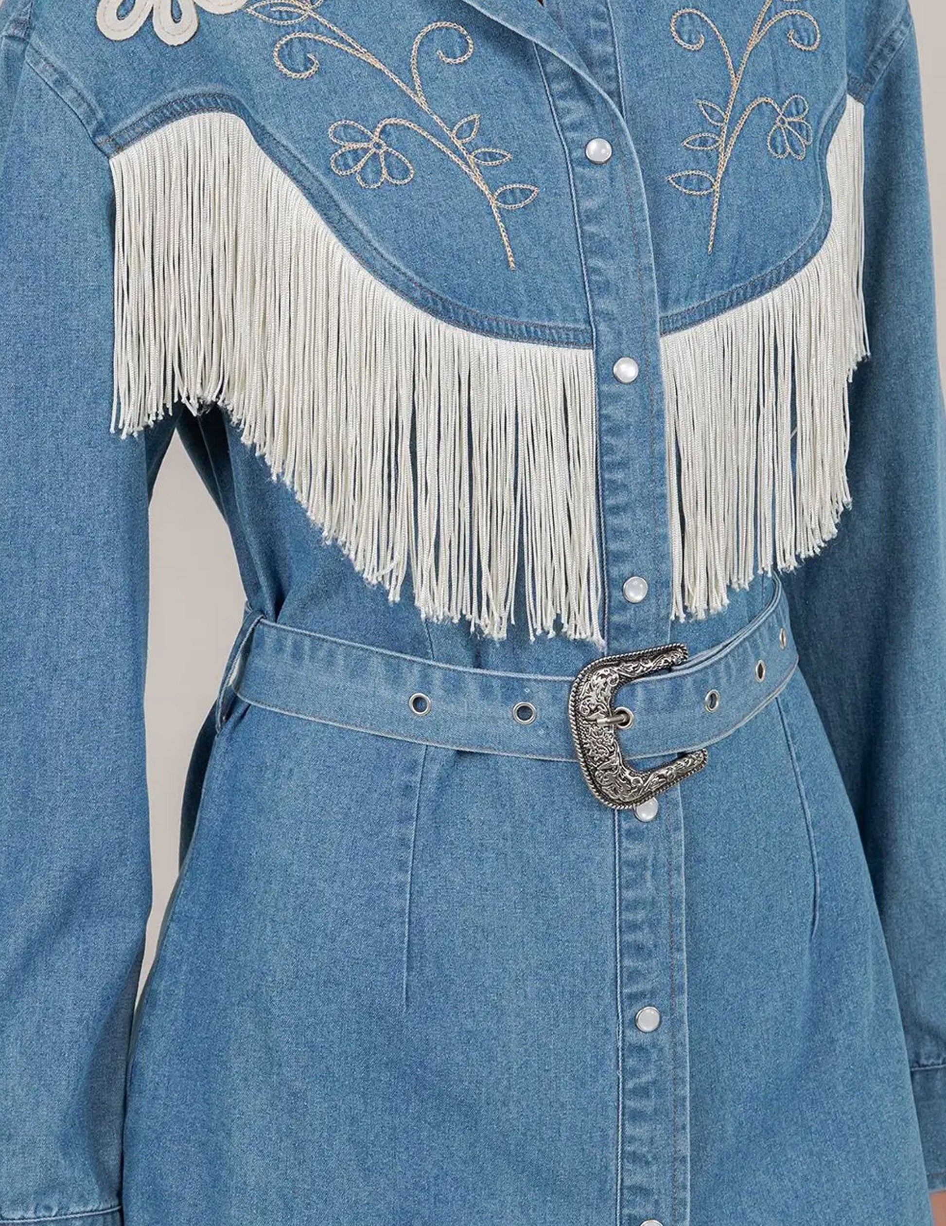Embroidered Fringe Denim Dress - DRESSES Item Subclass