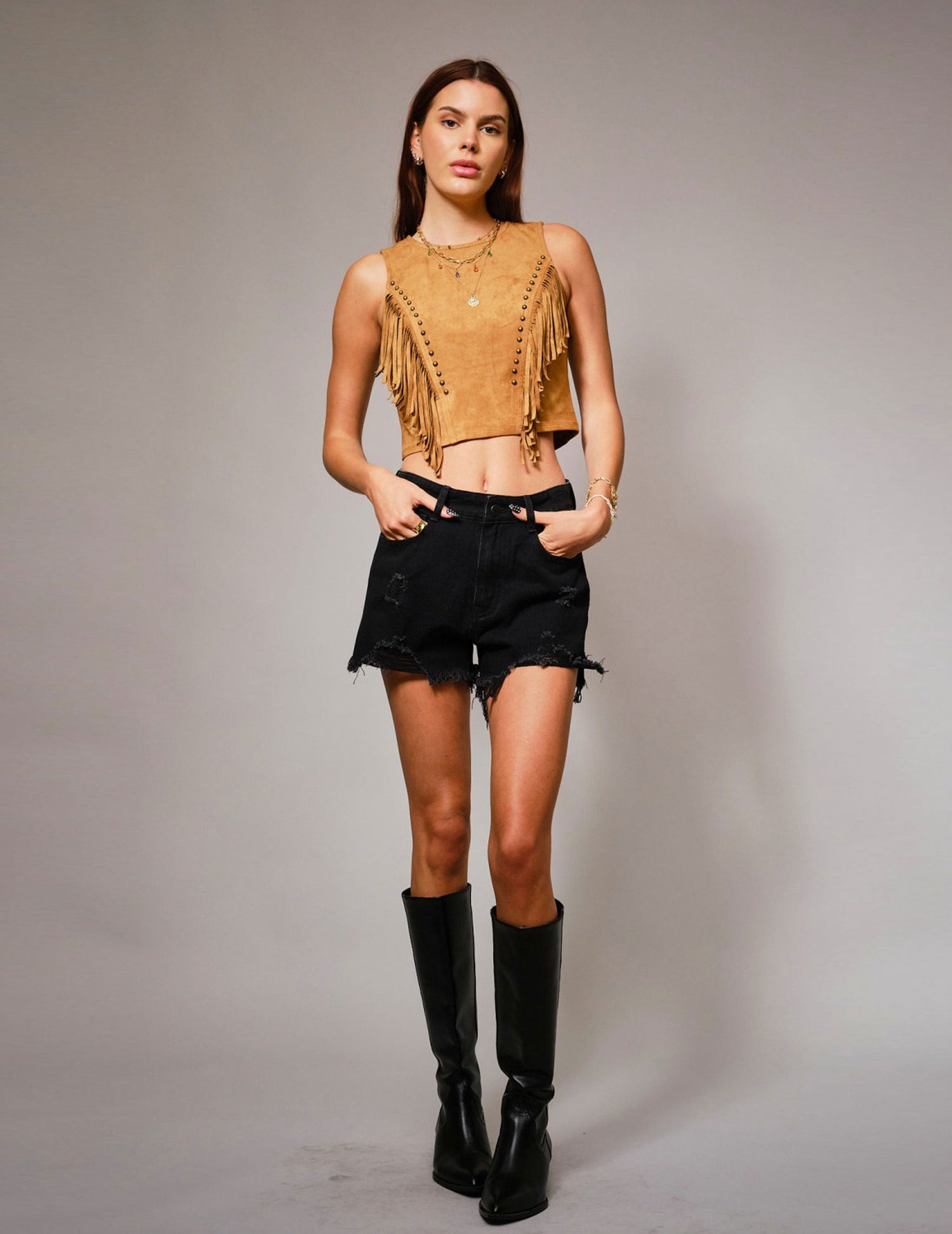 Faux Suede Fringe Crop Tank - SLEEVELESS