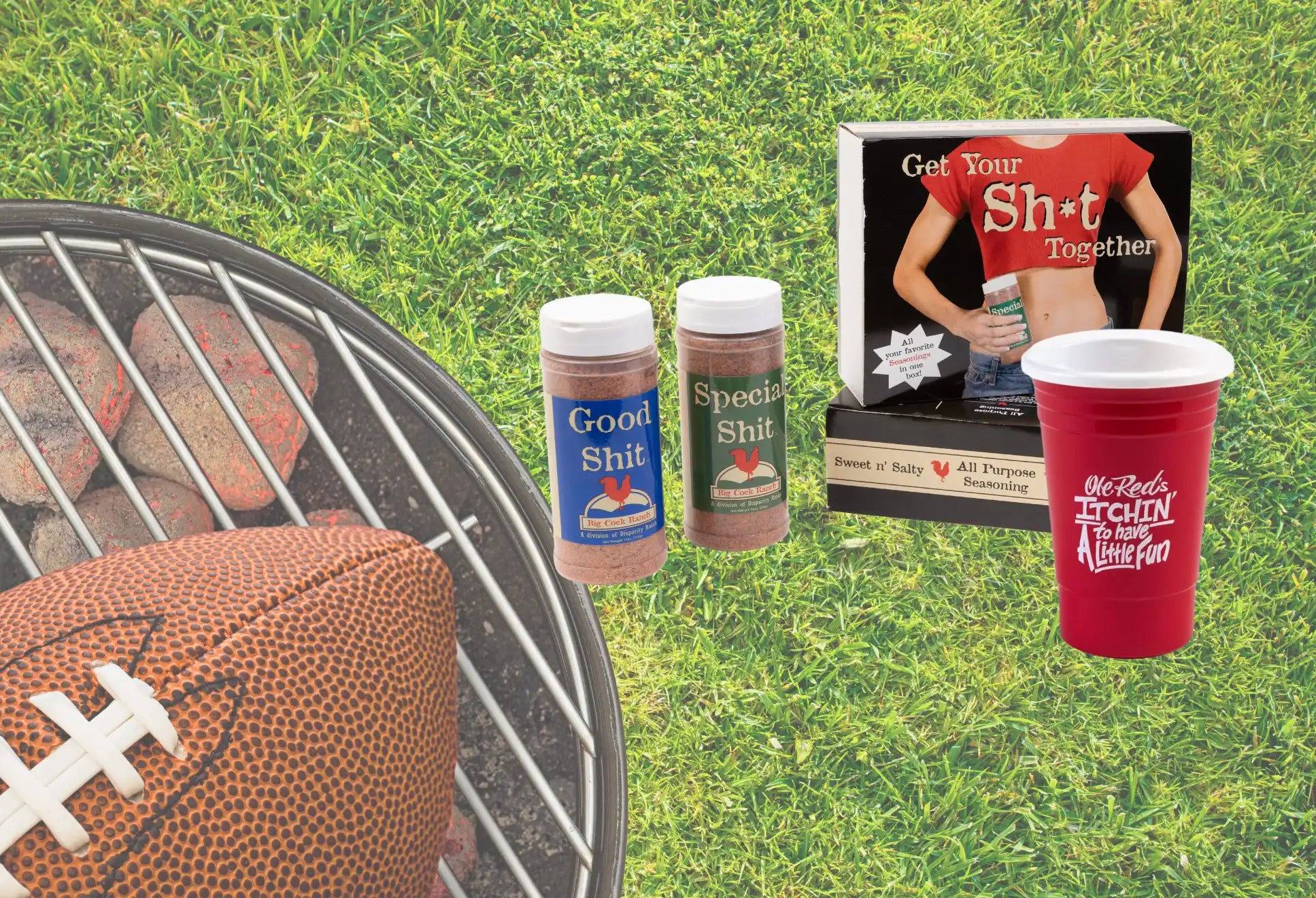 A football and grilling accessories for a backyard party.