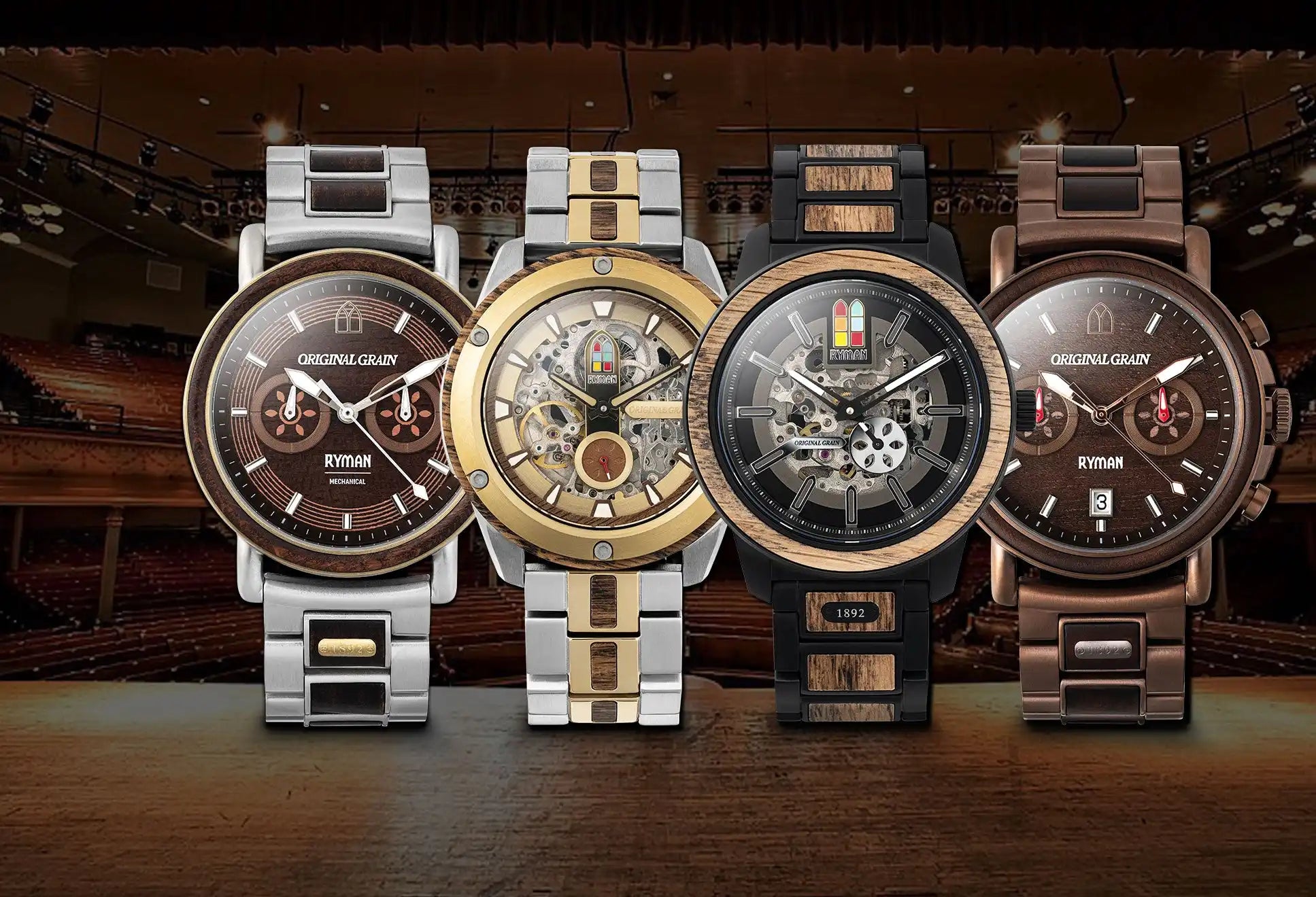 Four distinct men’s wristwatches with metal and wood bands and various dial designs.
