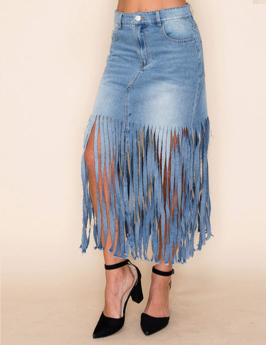 Fringe Midi Skirt Medium Wash Denim - SKIRTS