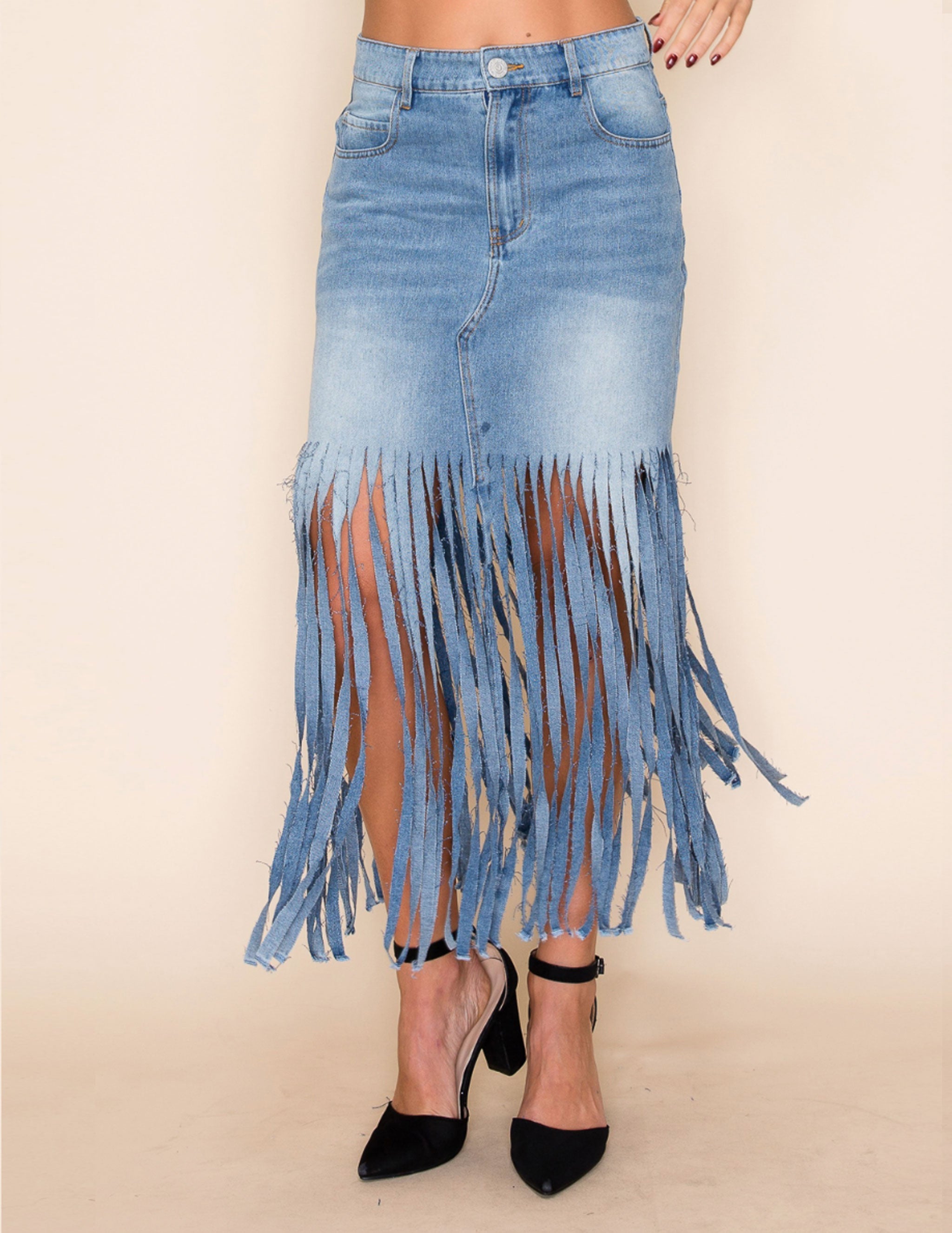 FA Women's Fringe Midi Skirt Medium Wash Denim - OpryShop
