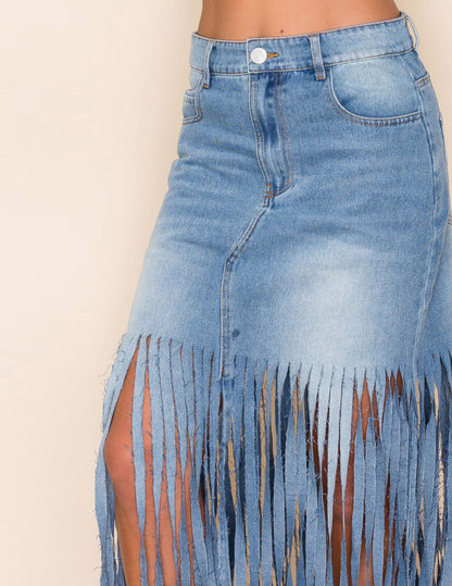 Fringe Midi Skirt Medium Wash Denim - SKIRTS