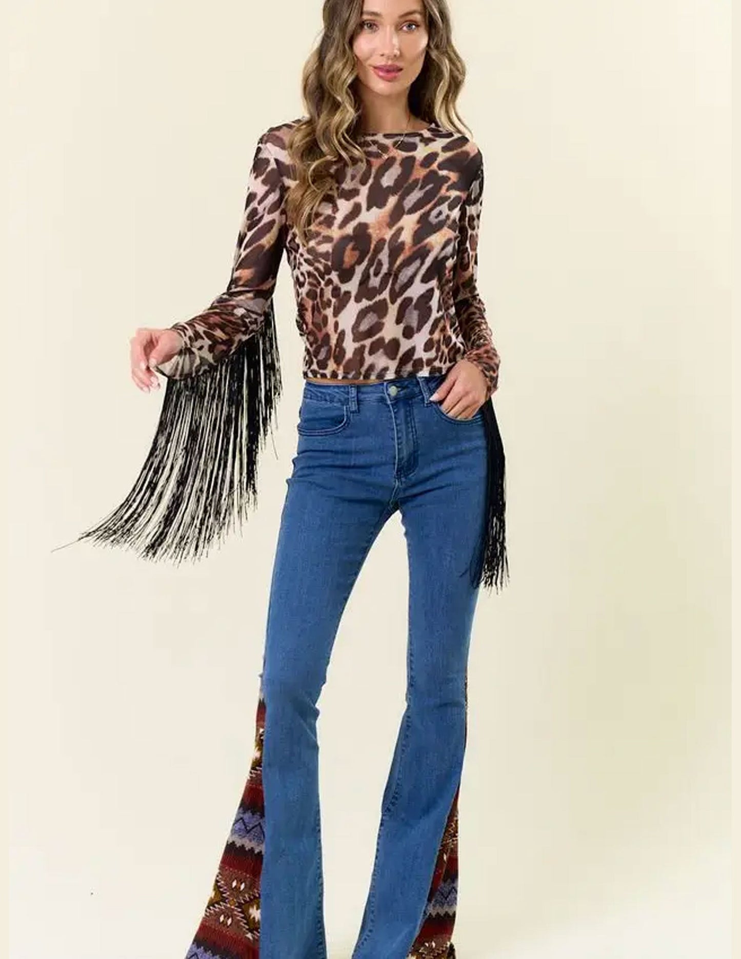 Fringed Leopard Print Mesh Top - CREWS