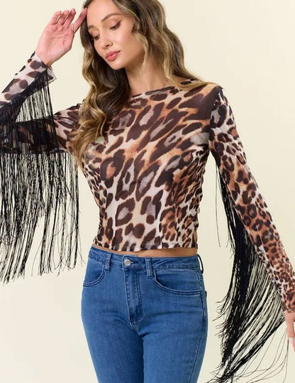 Fringed Leopard Print Mesh Top - CREWS