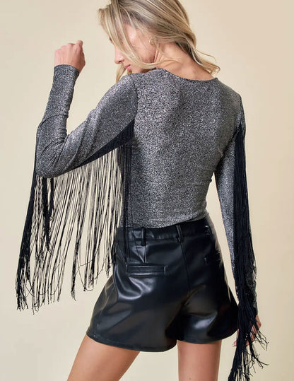 Fringed Silver Glitter Mesh Bodysuit - BODYSUITS