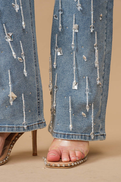 High Waisted Clear Jewel Drop Embellished Jeans - PANTS