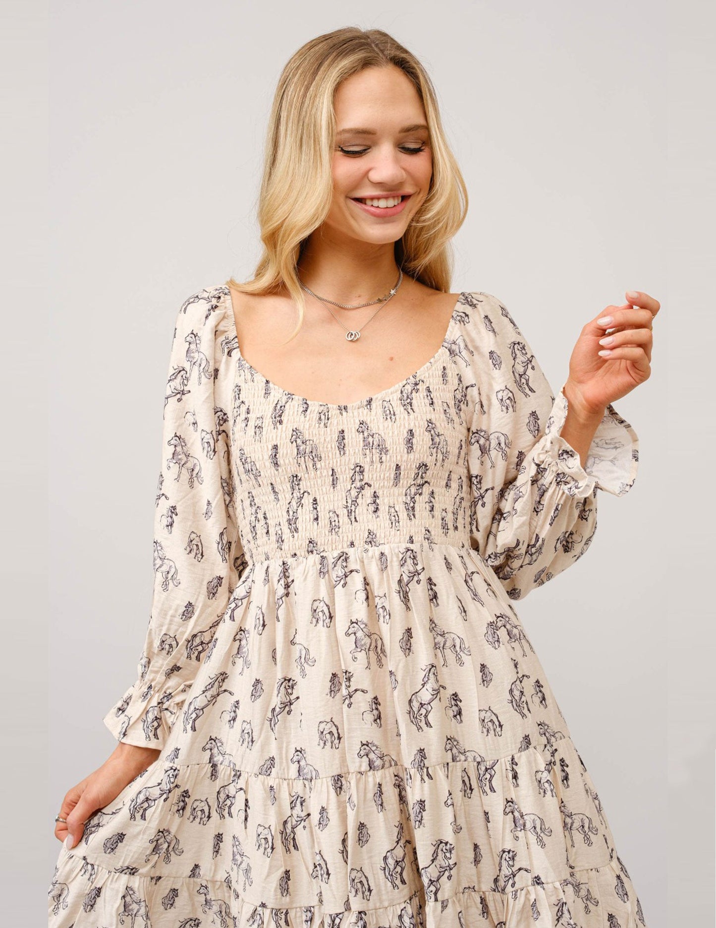 Horse print Puff Sleeve Tiered Dress - DRESSES Item Subclass