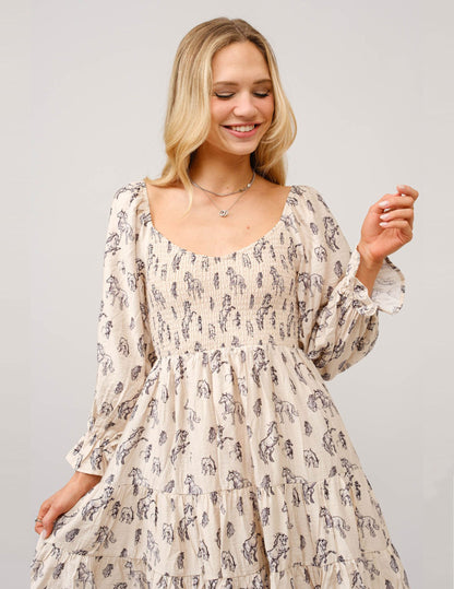 Horse print Puff Sleeve Tiered Dress - DRESSES Item Subclass