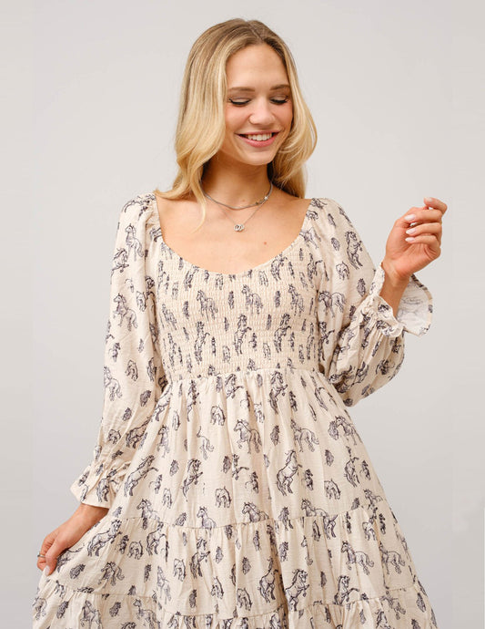 Horse print Puff Sleeve Tiered Dress - DRESSES Item Subclass