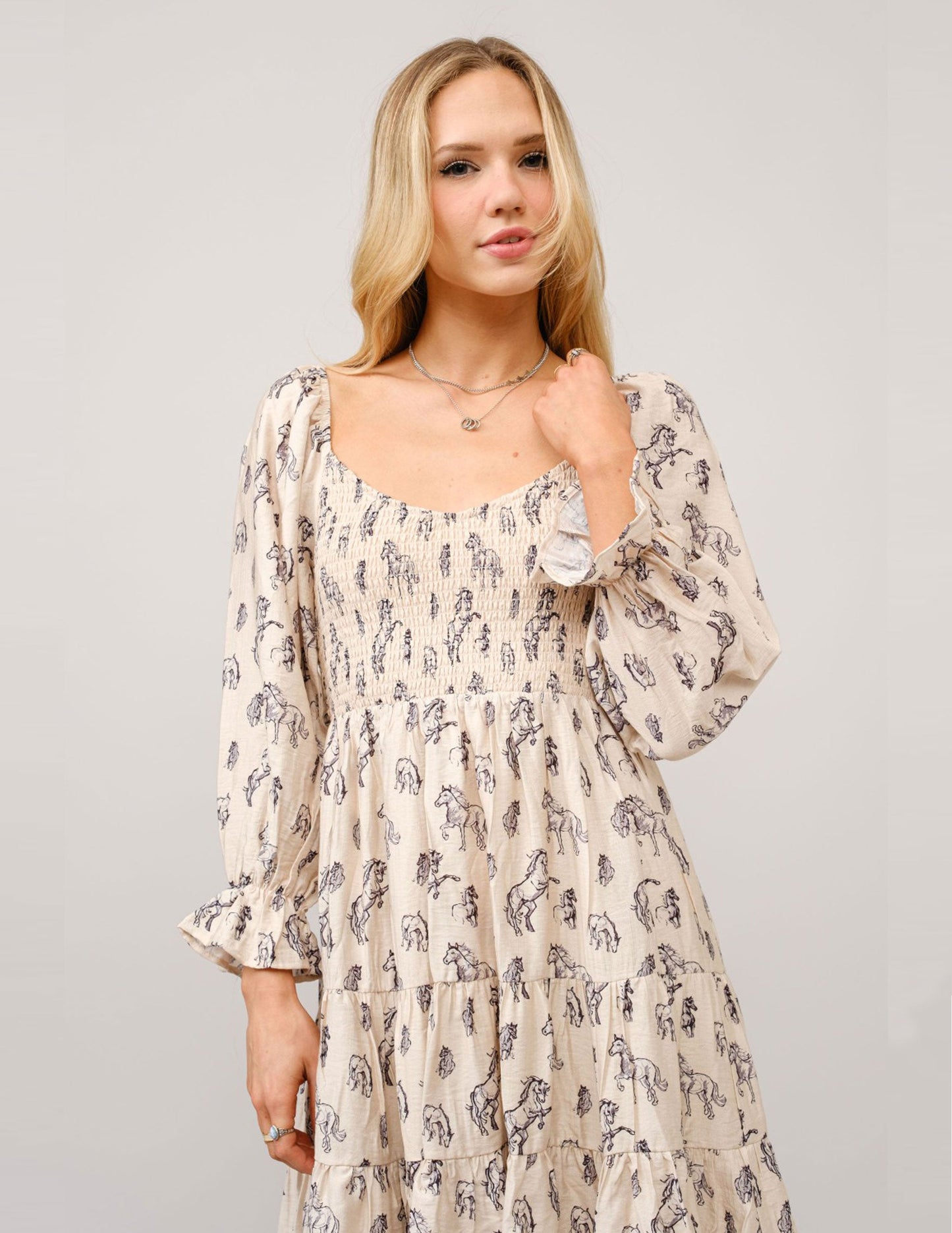Horse print Puff Sleeve Tiered Dress - DRESSES Item Subclass