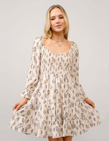 Horse print Puff Sleeve Tiered Dress - DRESSES Item Subclass