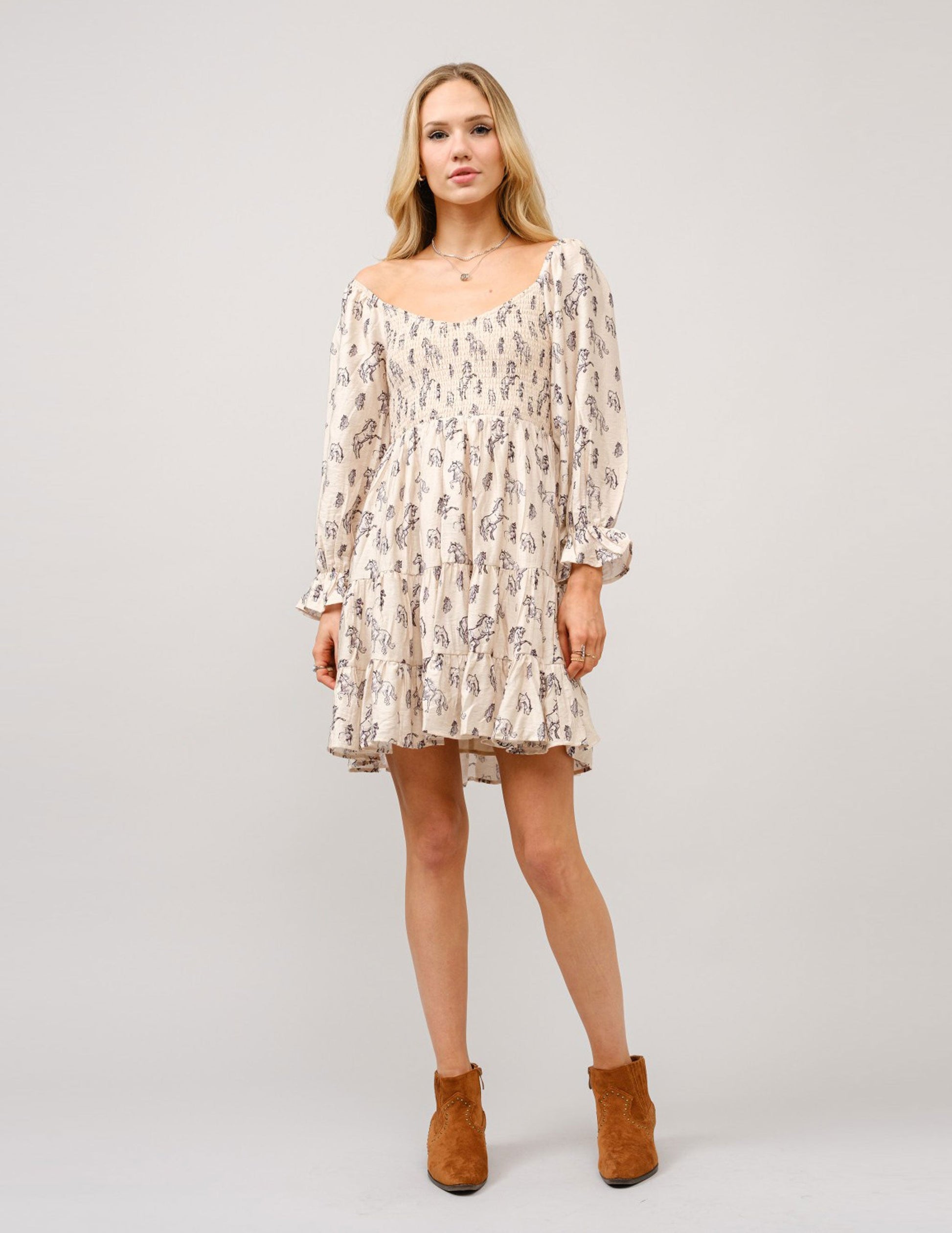 Horse print Puff Sleeve Tiered Dress - DRESSES Item Subclass