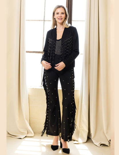 Layered Studded Fringe Long Sleeve Jacket - CARDIGANS