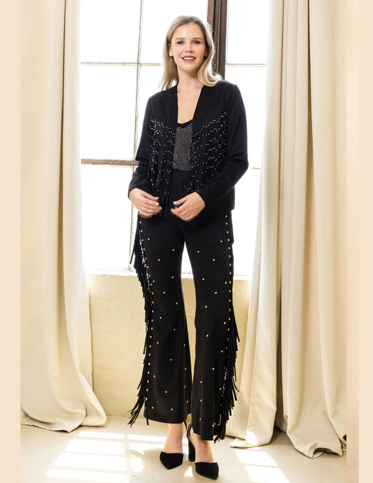 Layered Studded Fringe Long Sleeve Jacket - CARDIGANS