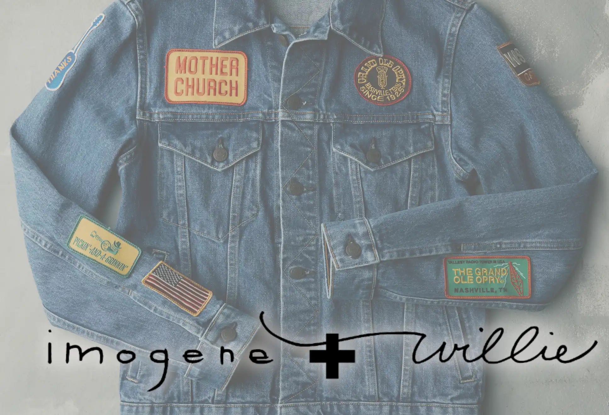 Light blue denim jacket with patches.