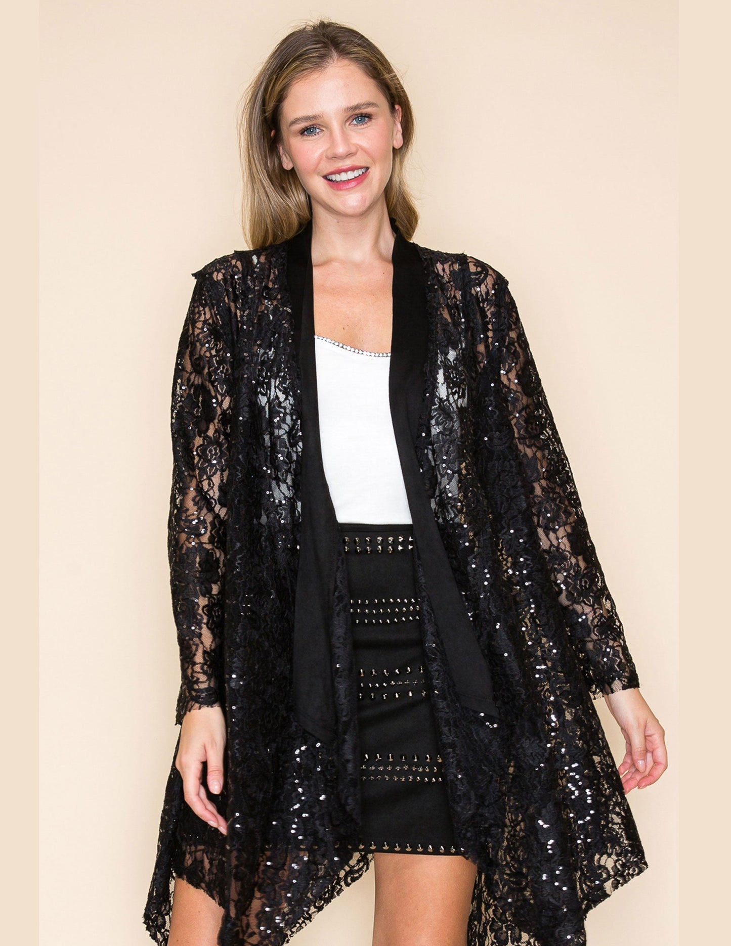 Long Sleeve Sequin Lace Cardigan - CARDIGANS